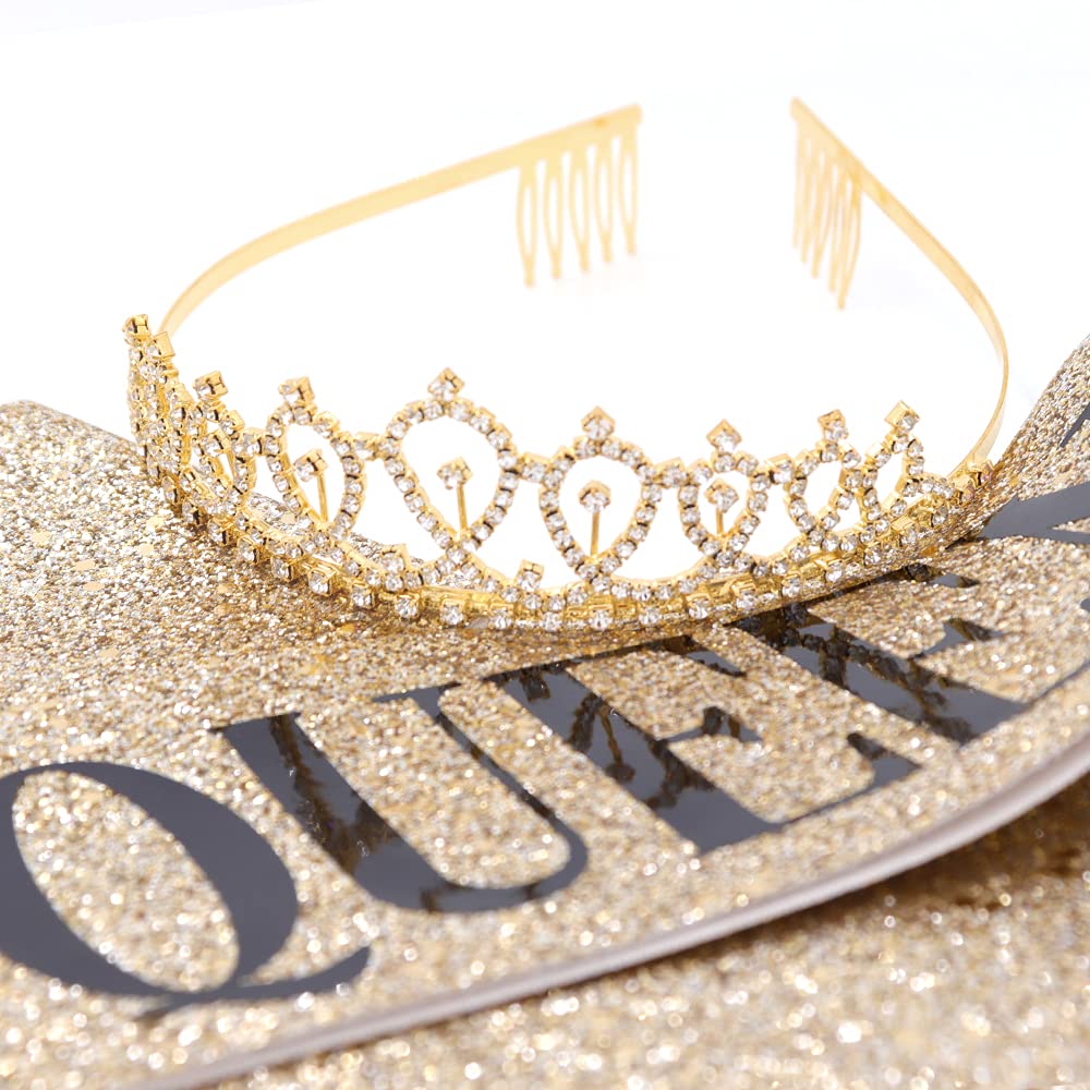 'Birthday Queen'' Sash & Rhinestone Tiara Kit - 21St 30Th Birthday Gifts Birthday Sash For Women Birthday Party Supplies (Gold